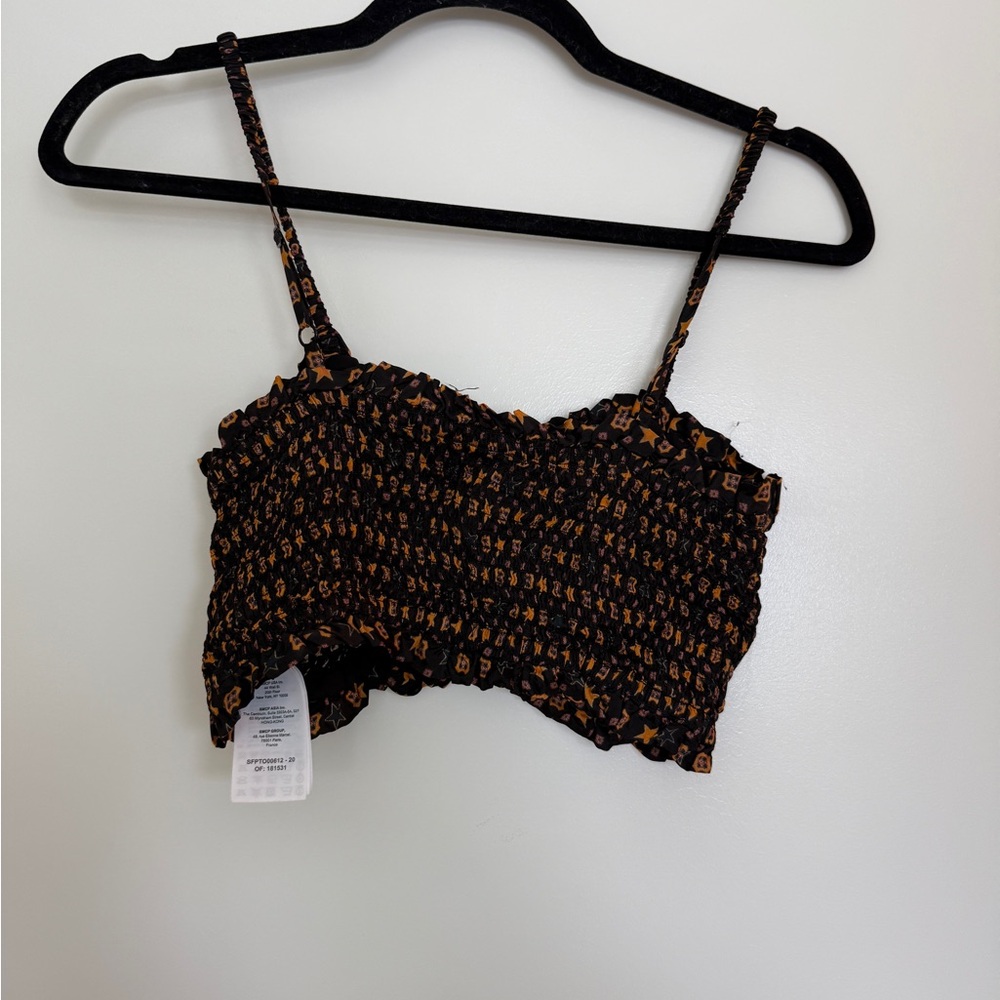 Sandro Brown Smocked Crop Camisole